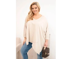 Moteriška Plus Size smėlio spalvos palaidinė su asimetriniu apačios kraštu ir V formos iškirpte