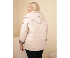 Moteriška Plus Size striukė su gobtuvu ir leopardo rašto apdaila, tamsiai smėlio spalvos