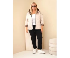 Moteriška Plus Size striukė su gobtuvu ir leopardo rašto apdaila, tamsiai smėlio spalvos