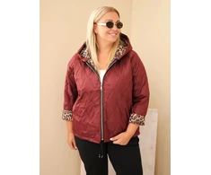 Moteriška Plus Size striukė su gobtuvu ir leopardo rašto apdaila, burgundiška