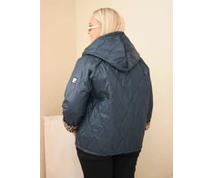 Moteriška Plus Size striukė su gobtuvu ir leopardo rašto apdaila, tamsiai mėlyna