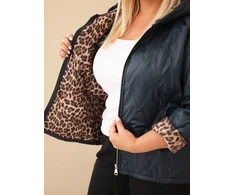 Moteriška Plus Size striukė su gobtuvu ir leopardo rašto apdaila, tamsiai mėlyna