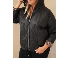 Moteriška Plus Size striukė su gobtuvu ir leopardo rašto apdaila, juoda