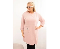 Moteriška Plus Size suknelė su kišene ir 3/4 rankovėmis, pudrinė rožinė