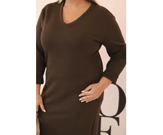 Moteriška Plus Size suknelė su V formos iškirpte, rudos spalvos