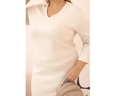 Moteriška Plus Size suknelė su V formos iškirpte, smėlio spalvos