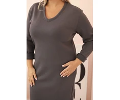 Moteriška Plus Size suknelė su V formos iškirpte ir 3/4 rankovėmis, grafito spalvos