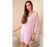 Moteriška Plus Size vilnonė suknelė su V formos iškirpte, šviesiai rožinė