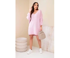 Moteriška Plus Size vilnonė suknelė su V formos iškirpte, šviesiai rožinė