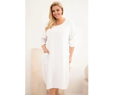 Moteriška Plus Size viskozės suknelė su kišenėmis ir trumpomis rankovėmis, balta