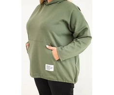 Moteriška Plus Size viskozinė džemperis su gobtuvu ir kišene, chaki spalvos