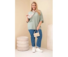 Moteriška Plus Size viskozinė palaidinė su dekoratyvine skarele, chaki spalvos