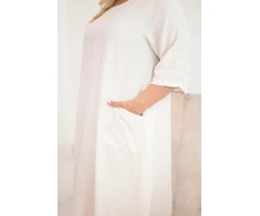 Moteriška Plus Size viskozinė suknelė su kišenėmis, trumpomis rankovėmis, smėlio spalvos