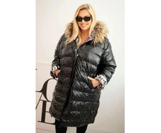 Moteriška Plus Size žieminė striukė su gobtuvu ir kailiuku, juodos spalvos