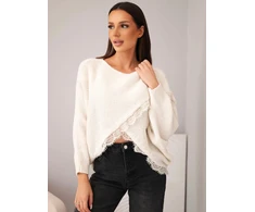 Moteriškas asimetriškas megztinis su nėriniais, šviesiai smėlio spalvos
