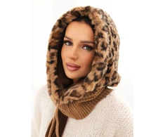 Kepurė Moteriškas kailinis gobtuvas su raišteliais, leopardo rašto, šviesiai rudas