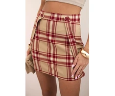 Moteriškas languotas sijonas su petnešomis ir sagomis, smėlio spalvos