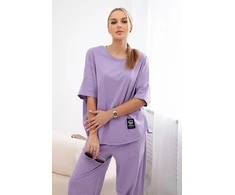Moteriškas medvilninis komplektas su palaidine ir kelnėmis, šviesiai violetinės spalvos
