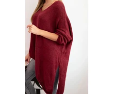 Moteriškas Plus Size asimetrinis megztinis su V formos iškirpte, burgundiškos spalvos