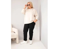 Moteriškas Plus Size džemperis su gobtuvu ir dekoratyvinėmis juostomis, smėlio spalvos