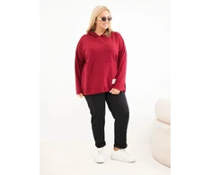 Moteriškas Plus Size džemperis su gobtuvu ir kengūros kišene, burgundiškos spalvos