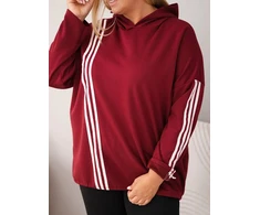 Moteriškas Plus Size džemperis su gobtuvu ir dekoratyvinėmis juostomis, burgundiškos spalvos