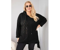 Moteriškas Plus Size džemperis su gobtuvu ir pynimo intarpu, juodos spalvos
