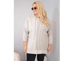 Moteriškas Plus Size džemperis su gobtuvu ir pinta intarpe, smėlio spalvos
