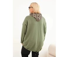 Moteriškas Plus Size džemperis su gobtuvu ir leopardo rašto detalėmis, chaki spalvos