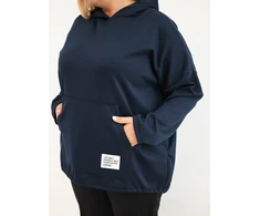 Moteriškas Plus Size džemperis su gobtuvu ir kangūros tipo kišene, tamsiai mėlynas