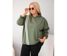 Moteriškas Plus Size džemperis su gobtuvu ir dekoratyvinėmis juostomis, chaki spalvos