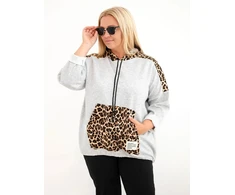 Moteriškas Plus Size džemperis su gobtuvu ir leopardo rašto detalėmis, pilkas