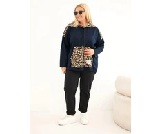 Moteriškas Plus Size džemperis su gobtuvu ir leopardo rašto intarpais, tamsiai mėlynas
