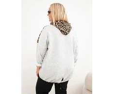 Moteriškas Plus Size džemperis su gobtuvu ir leopardo rašto detalėmis, pilkas