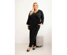 Moteriškas Plus Size juodas medvilninis kombinezonas su diržu ties juosmeniu ir 3/4 rankovėmis