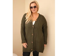Moteriškas Plus Size kardiganas su pynių raštu ir sagomis, chaki spalvos