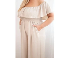 Moteriškas Plus Size kombinezonas su raukiniais ir trumpomis rankovėmis, smėlio spalvos