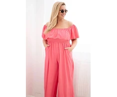 Moteriškas Plus Size kombinezonas su raukiniais ir trumpomis rankovėmis, rožinis