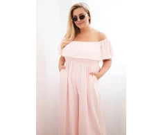 Moteriškas Plus Size kombinezonas su raukiniais ir trumpomis rankovėmis, pudrinės rožinės spalvos