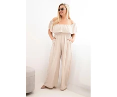 Moteriškas Plus Size kombinezonas su raukiniais ir trumpomis rankovėmis, smėlio spalvos