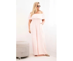 Moteriškas Plus Size kombinezonas su raukiniais ir trumpomis rankovėmis, pudrinės rožinės spalvos