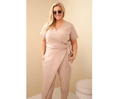 Moteriškas Plus Size kombinezonas su surišimu ties juosmeniu, fango spalvos
