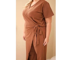 Moteriškas Plus Size kombinezonas su surišimu ties juosmeniu, smėlio ruda