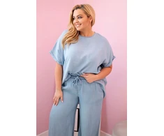 Moteriškas Plus Size komplektas iš tencelio su surišamu juosmeniu, šviesiai džinso spalvos