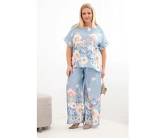 Moteriškas Plus Size komplektas su gėlėmis, mėlynos spalvos