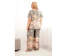 Moteriškas Plus Size komplektas su gėlėta palaidine ir plačiomis kelnėmis, chaki spalvos