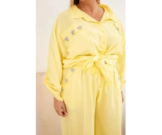 Moteriškas Plus Size komplektas su marškiniais ir plačiomis kelnėmis, geltonas