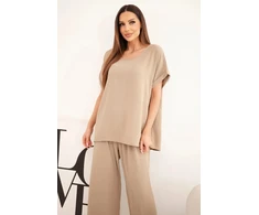 Moteriškas Plus Size komplektas su palaidine ir plačiomis kelnėmis, fango spalvos