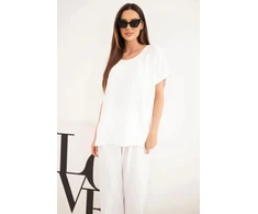 Moteriškas Plus Size komplektas su palaidine ir plačiomis kelnėmis, ekru spalvos
