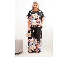 Moteriškas Plus Size komplektas su palaidine ir gėlių rašto plačiomis kelnėmis, juodas